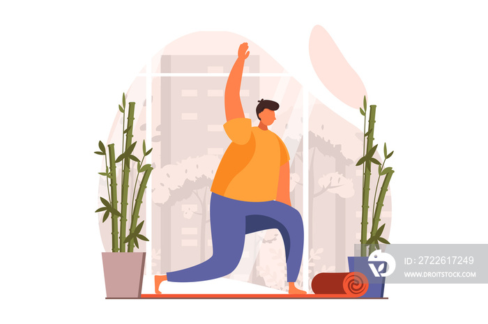 Yoga web concept in flat design. Man practices yoga asanas and stands in position at workout in studio. Athlete performs stretching or pilates exercises in gym. Illustration with people scene