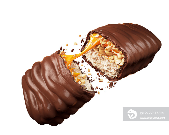 chocolate bar with caramel with broken 3d illustration. Isolated on background.