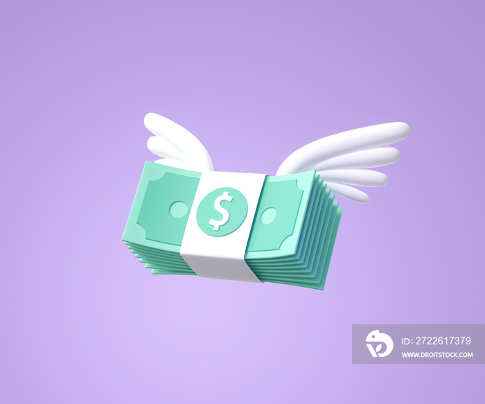 3D Flying stack of money on purple background. on the wings. Concept investment, wealth. inflation, flying away savings, money devaluation. money spending, cashless society concept. 3D Rendering