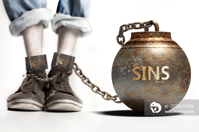 Sins can be a big weight and a burden with negative influence - Sins role and impact symbolized by a heavy prisoner’s weight attached to a person, 3d illustration