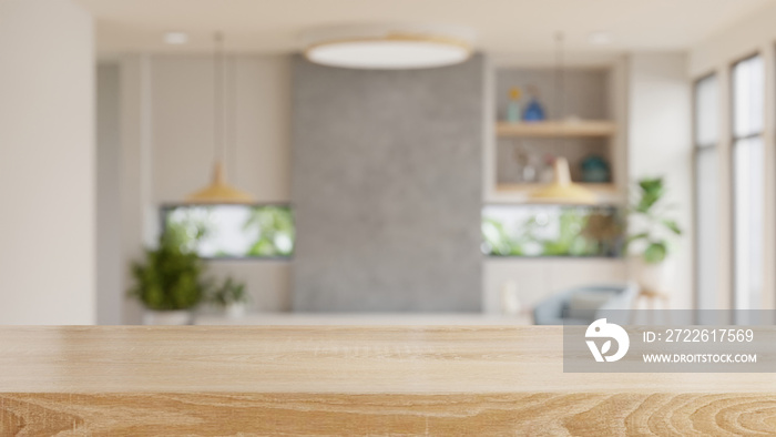 Empty wooden table with blurred view of scandinavian living room.