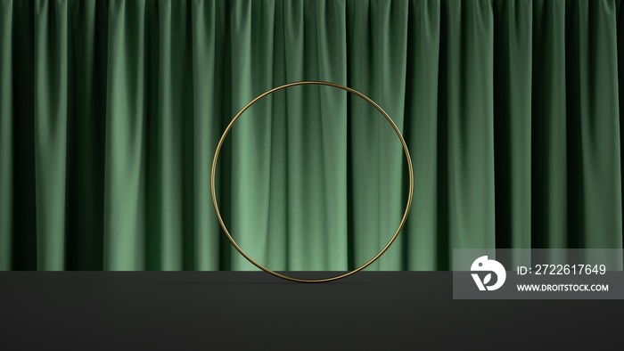 3d rendering, abstract background with golden round frame in front of the green velvet curtain. Stage concept. Minimalist showcase scene for product presentation