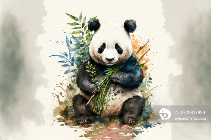 Watercolor black and white panda eating green bamboo