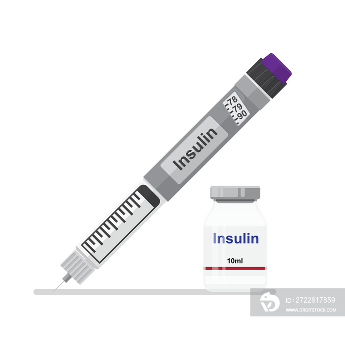 Insulin pen syringe and insulin vial isolated on background