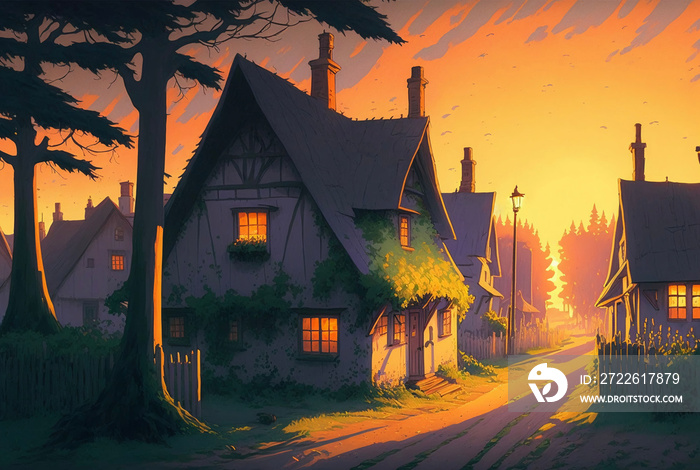 Anime or Manga Drawing of a Quaint Cottage Village Street at Sunset. [Digital Art Painting. Storybook / Fantasy / Historic Background. Graphic Novel, Postcard, or Product Image.]