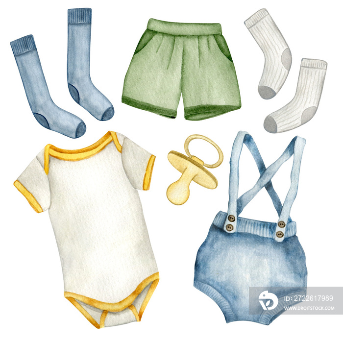 Neutral newborn baby clothes bobysuit, socks, shorts, pacifier. Fashon for kids. Baby boho outfit. Isolated clipart element on white background