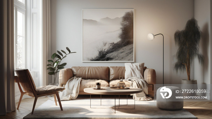 Chic Living Room Interior with Mockup Frame Poster, Modern interior design, 3D render, 3D illustration