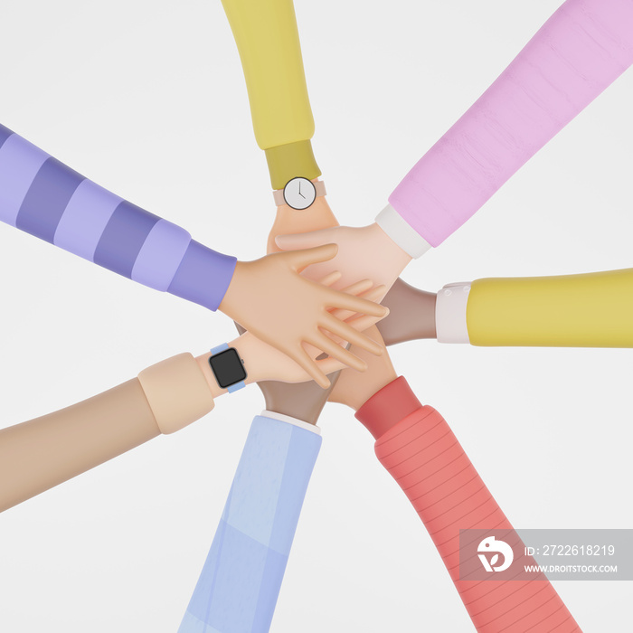 3D render of people of different nationalities team putting their hands together, Young people putting their hands together. Friends with stack of hands showing unity and teamwork.