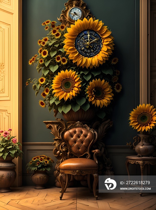 Photo of a painting of vibrant sunflowers placed on a chair in an exquisite room