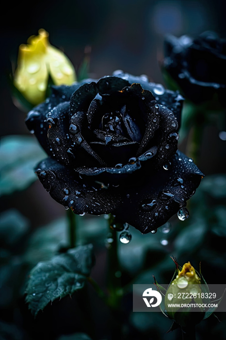 Black rose with water drops