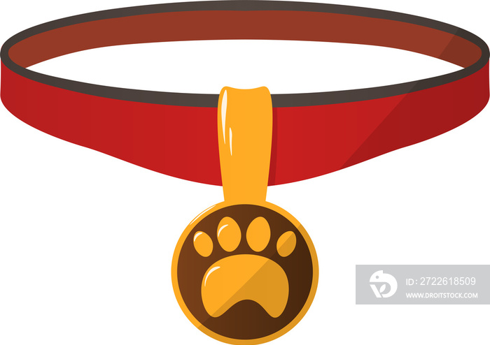 Red collar with medal for cats and dogs. Cartoon pets necklace and golden tag. Isolated kittens or puppies accessory. Metal badge with animal footprint. Vector canine belt template illustration