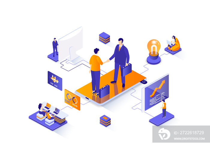 Business partnership isometric web banner. Business collaboration and partners agreement isometry concept. Effective teamwork and communication 3d scene. Illustration with people characters.