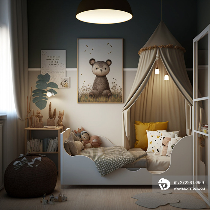 interior of a cozy children’s room with a four-poster bed in beige tones