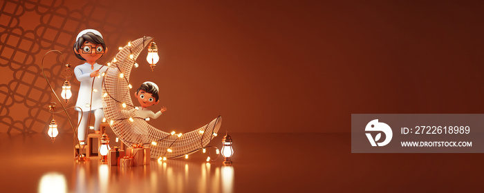 3D Muslim Man And Boy Decorated Crescent Moon With Lighting Garland, Lit Lanterns, Gift Boxes And Copy Space On Brown Background For Islamic Festival Concept.