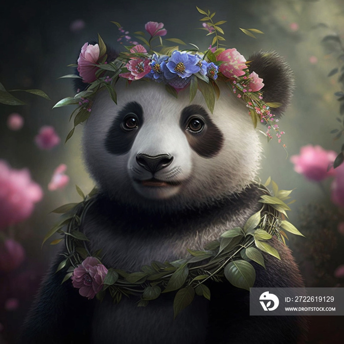 A cute giant panda with a wreath on its head