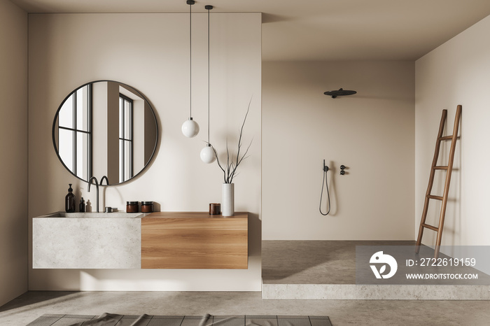 White bathroom with shower and sink