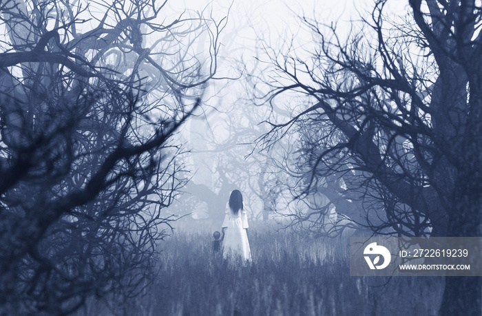 Woman in white dress with the boy walking in haunted forest,3d rendering