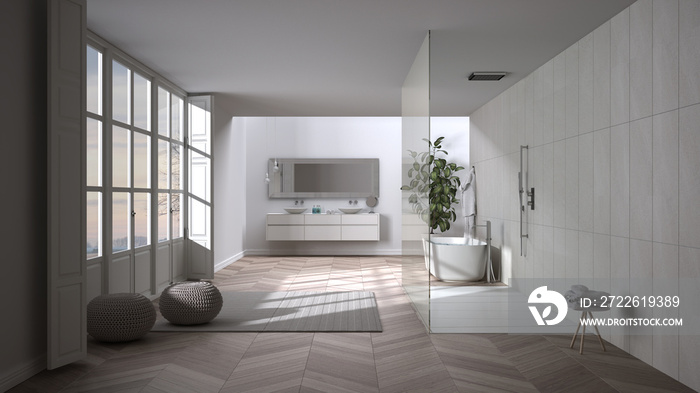 Spacious bathroom in beige tones with parquet floors, panoramic window, walk-in shower and freestanding tub, carpet with poufs, double sink, potted plant, minimalist interior design