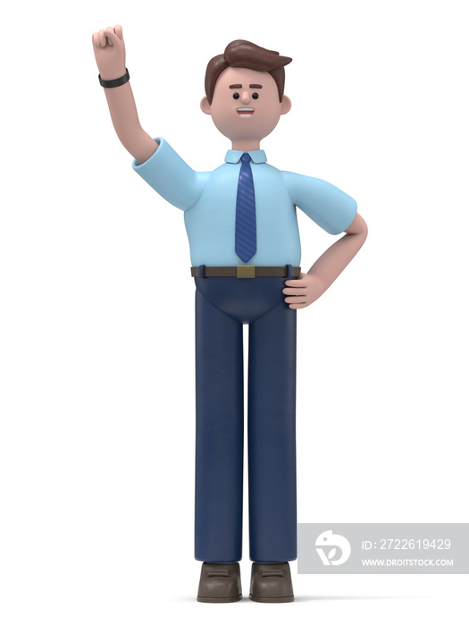 3D illustration of smiling Asian man Felix- doing winner, clenched fist gesture. Strong, powerful and confident woman. Healthy lifestyle concepts.  3D rendering on white background.