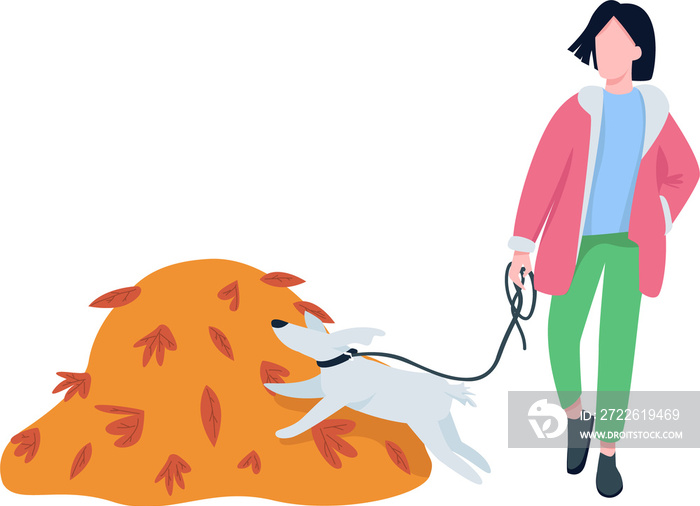 Woman walk with pet in fall semi flat color raster character. Outdoor figure. Full body person on white. Autumn activity isolated modern cartoon style illustration for graphic design and animation