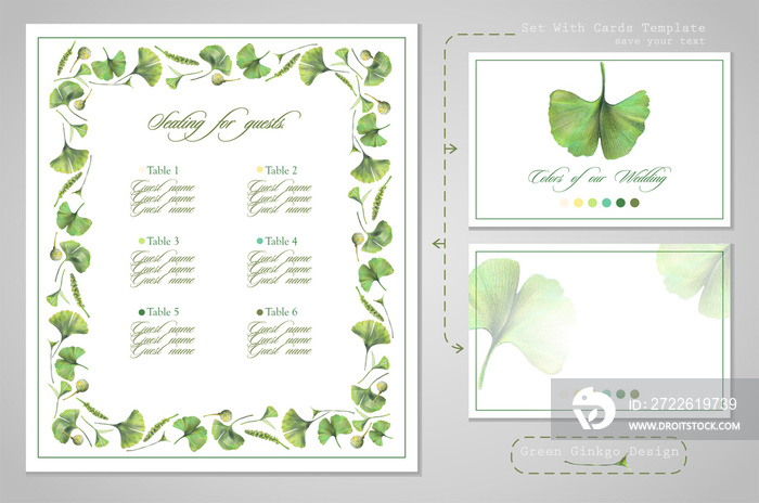 Set for wedding printing: seating for guests or invitations, card for dress code. Illustration of colored pencils, green leaves of ginkgo biloba. A set of templates with ready-made examples.