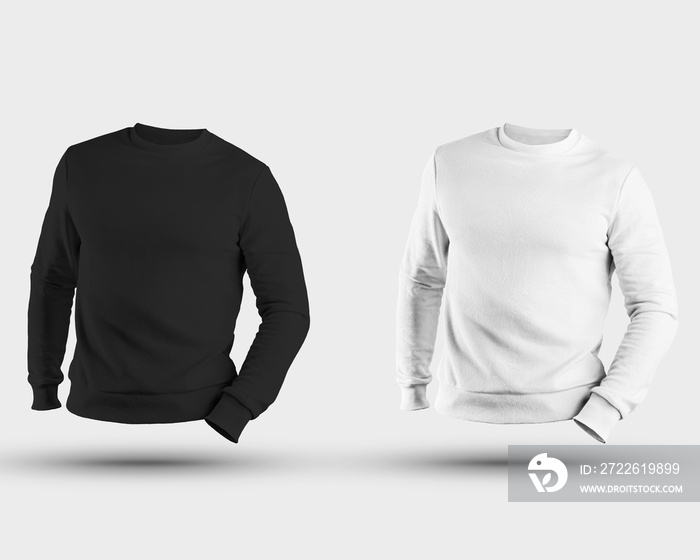 Mockup male pullover, fashion sweatshirt 3D rendering front view, textured clothing with long sleeves, isolated on background.