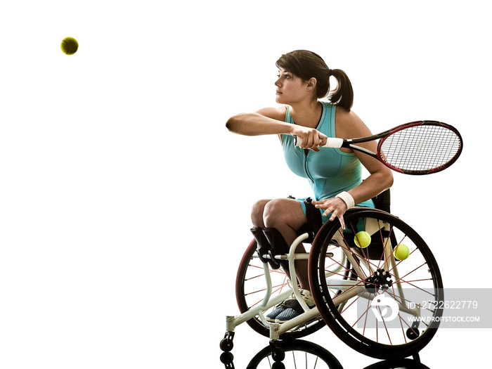 one caucasian young handicapped tennis player woman in wheelchair sport  tudio in silhouette isolated on white background