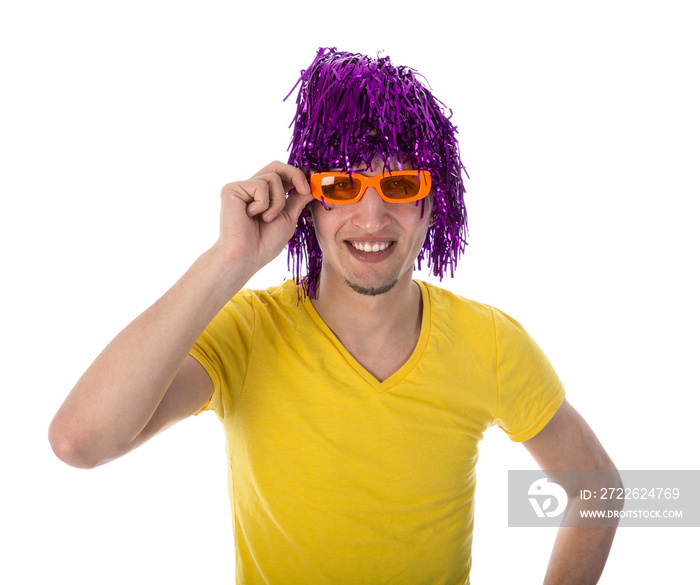 Man with orange glasses and purple wig isolated on transparent background