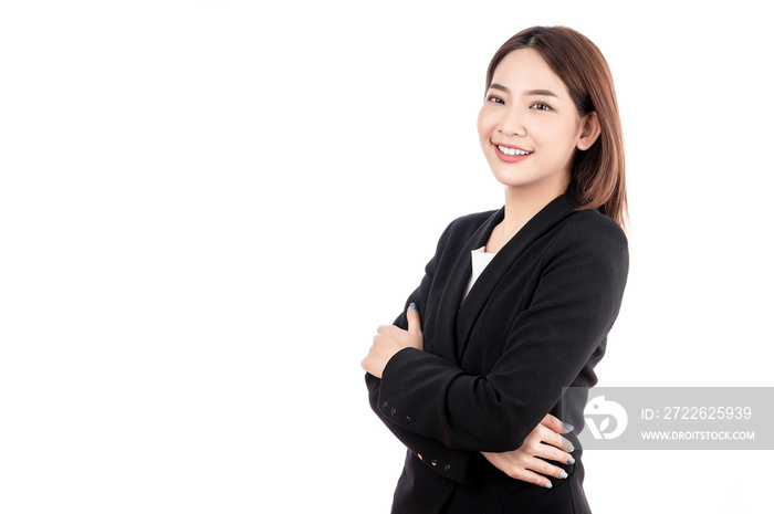 Asian businesswoman with black suit pretent confident pose in white isolated background. Smart, confident, business, presenter concept.