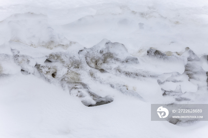 Dirty snow spring background. Spring time. Old and dirty snow texture. Natural background