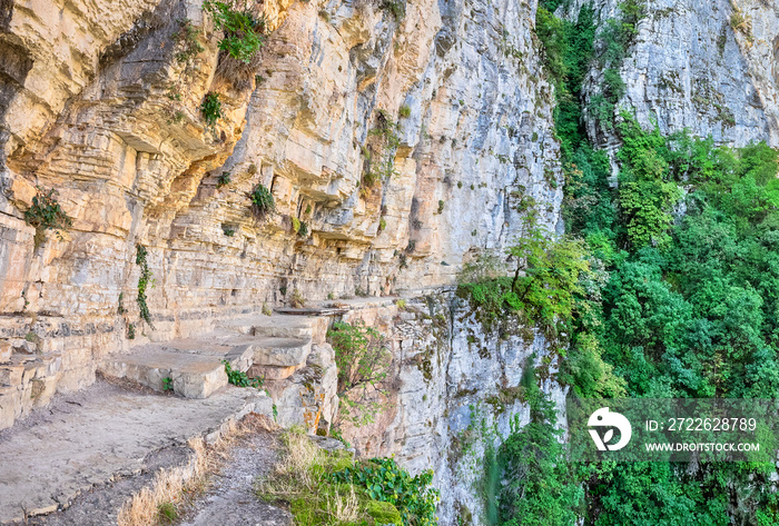 Cliffside path. Vikos Gorge, Monodendri, Greece