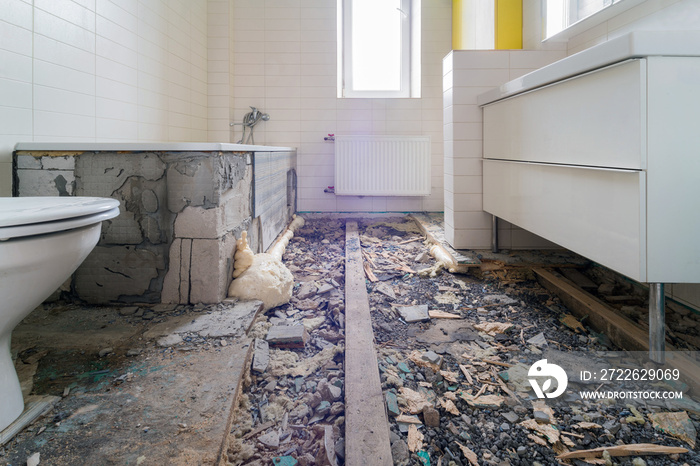 Bathroom view before laying new tiles. Concept of bath room renovation, home improvement. Nobody