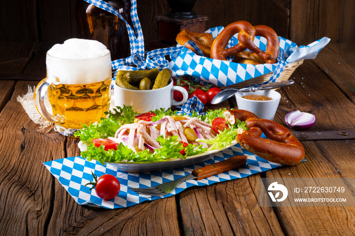 delicious bavarian sausage salad with onion and cucumbers