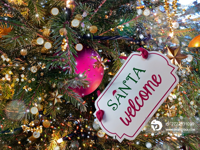 festive Christms tree branch and red ball with lettering rext  greetings card girland light defocuse urban bokeh background