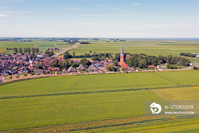 Aerial from the historical village Holwerd near de Wadden Sea in Friesland the Netherlands