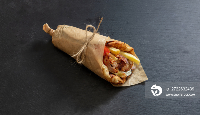 Gyro pita Shawarma wrap on black stone dish. Greek food with slice cut meat, overhead