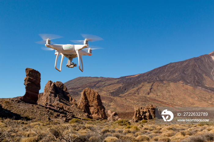 Drone DJI Phantom 4 in flight in Tenerife, Spain