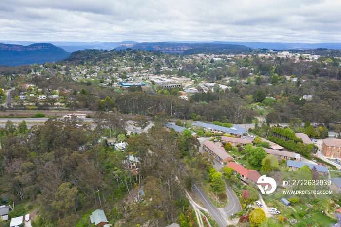 Aerial view of the township of Leura in regional New South Wales in Australia