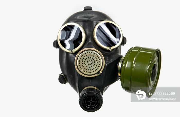 gas mask with glitchy eyes against white