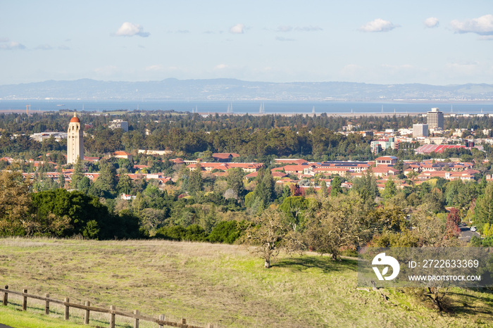 View towards Stanford campus and Hoover tower, Palo Alto and Silicon Valley from the Stanford dish hills, California