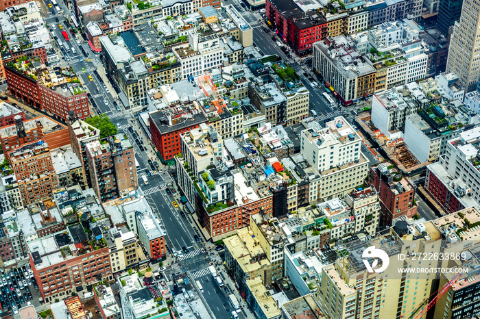 Aerial View to the streets of Lower Manhatten, New York City, USA