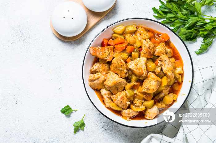 Chicken stew with vegetables, top view.