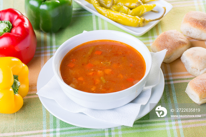 Close up of healthy vegetable soup with ingredients