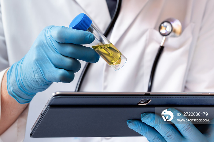 Doctor holding a tablet and analyzing the results of the urinalysis. Physician holding test tube with urine sample for analysis in the biochemistry lab.