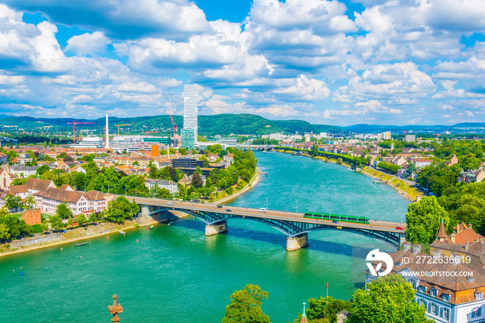 Riverside of Rhine dominated by the Roche tower in Switzerland