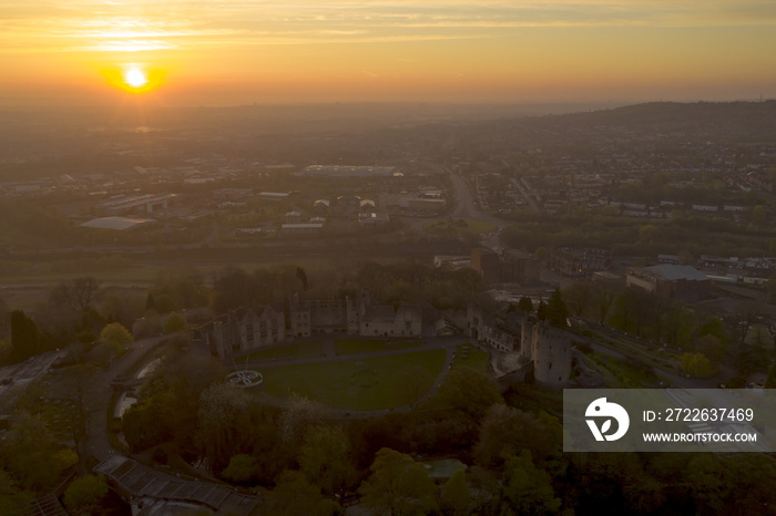 Sunset aerial view of Dudley town centre and castle, West Midlands