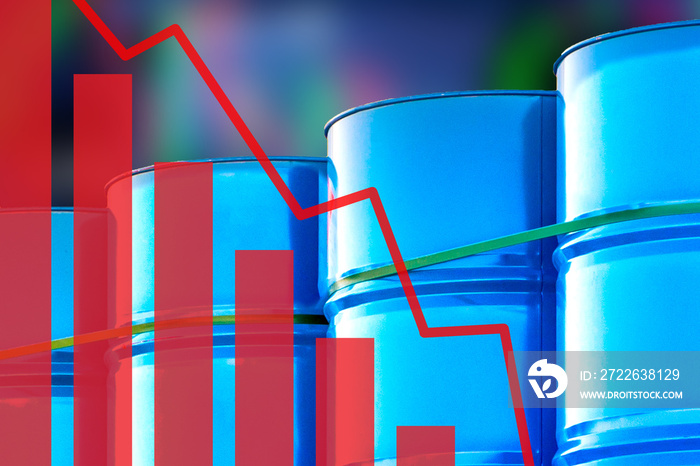 A falling chart on the background of blue barrels. Blue barrels as a symbol of storing oil products. Lower fuel prices. Concept - oil is getting cheaper. Surplus. High level of oil production