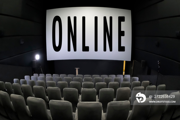 Expanding your business online. Quarantine concept. Watch online background. Cinema with empty seats. Word ONLINE on stage. Event transmission online due to coronavirus pandemic