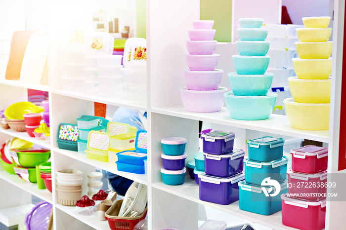 Plastic kitchen food containers in store