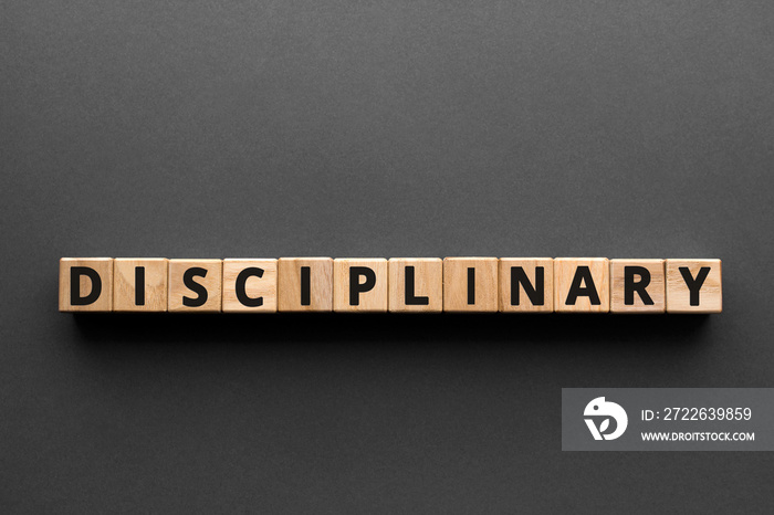 Disciplinary - words from wooden blocks with letters, enforcing discipline, disciplinary concept, top view gray background